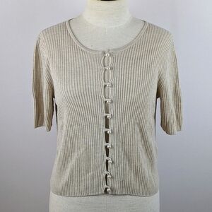 NAADAM Cardigan Faux Pearl Button Front Short Sleeve Silk Cashmere Linen M NWOT